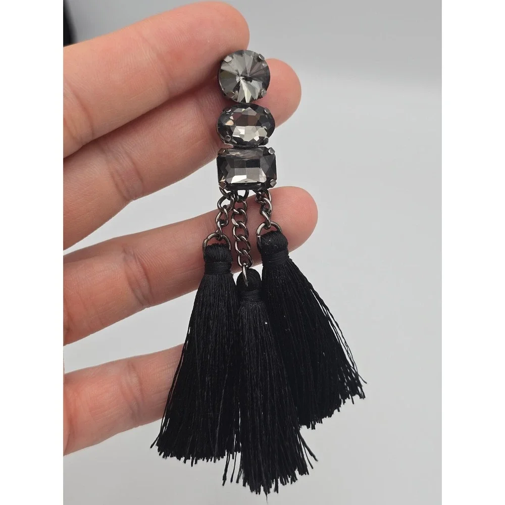 Statement‎ Earring Set Women OS Black Silver Good Tassel Rhinestone 3PC